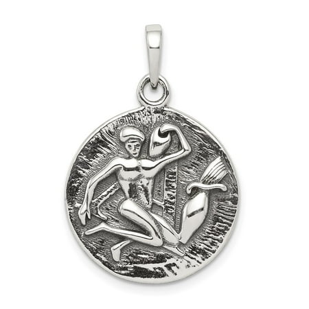 Carat in Karats Sterling Silver Polished Antique Finish Aquarius Horoscope Pendant 29mm x 19mm